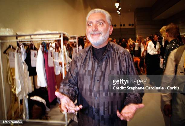Fashion designer Paco Rabanne poses backstage at Paco Rabanne Ready to Wear Spring/Summer 1995 show as part of Paris Fashion Week on October 13, 1994...