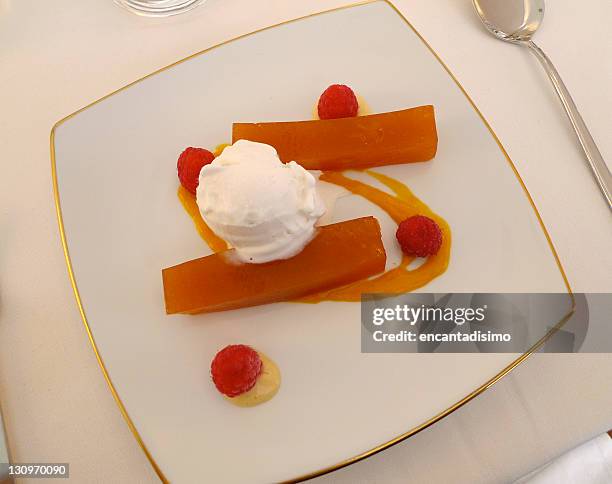 false quince mango with coconut sorbet - comestibles stock pictures, royalty-free photos & images