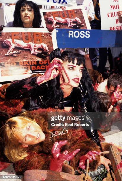 Ingrid Newkirk and Nina Hagen with members of of PETA at a Fur protest in New York City on May 21, 1996.