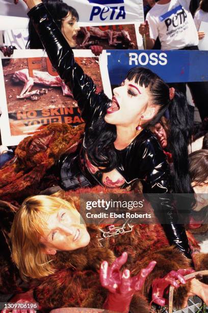 Ingrid Newkirk and Nina Hagen with members of of PETA at a Fur protest in New York City on May 21, 1996.