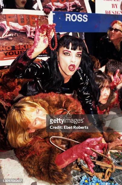 Ingrid Newkirk and Nina Hagen with members of of PETA at a Fur protest in New York City on May 21, 1996.