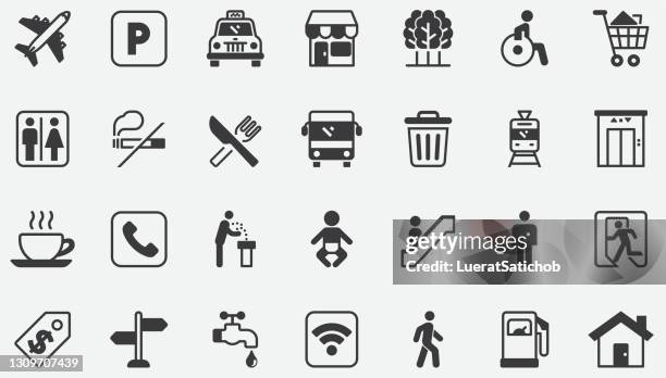 public place , shopping mall concept icons - bus station stock illustrations