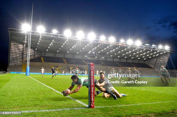 Ryan Hall of Hull KR scores a second half try during the Betfred Super League match between Catalans Dragons and Hull Kingston Rovers at Emerald...