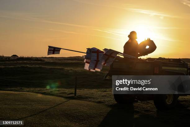 Flagsticks are taken out onto the course for the first time in twelve weeks as golf returned at Royal St. George's Golf Club on March 29, 2021 in...