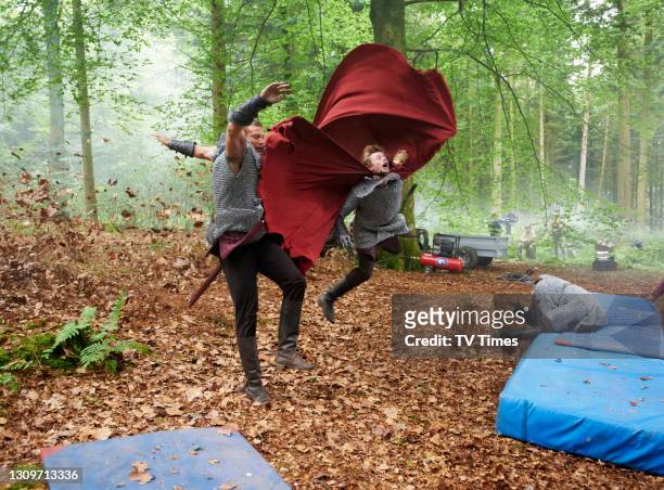 Merlin actors Bradley James and Colin Morgan performing stunts on set, on August 15, 2011.