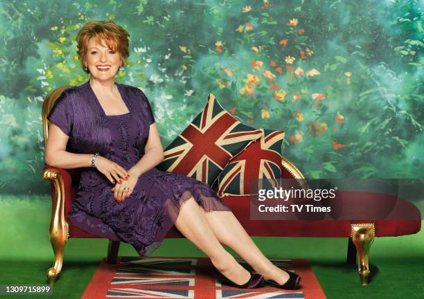 Actress Brenda Blethyn posed on a Union Jack-themed chaise longue, April 30, 2011.