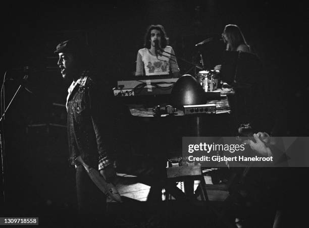 Royce Jones, Donald Fagen and Jeff 'Skunk' Baxter of Steely Dan perform on stage at Santa Monica Civic Auditorium, California, United States, July...