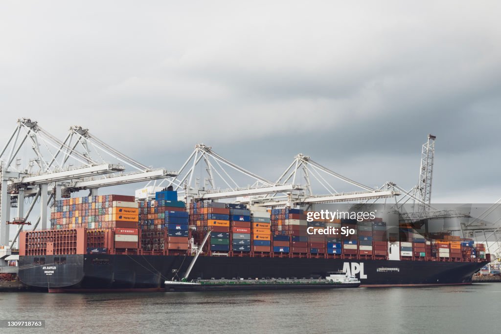 Vrachtcontainerschip APL Raffles bij de containerterminal in de Rotterdamse haven