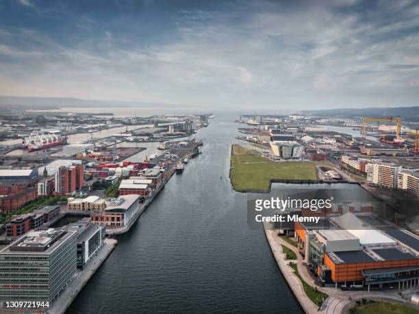 belfast cityscape river lagan mid-air view northern ireland uk - belfast ireland stock pictures, royalty-free photos & images