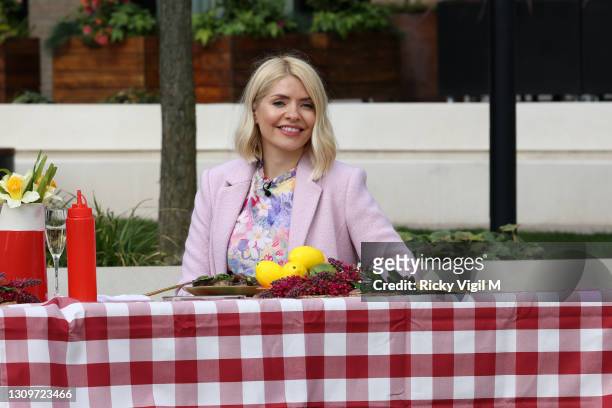 Holly Willoughby seen filming This Morning outside on March 29, 2021 in London, England.