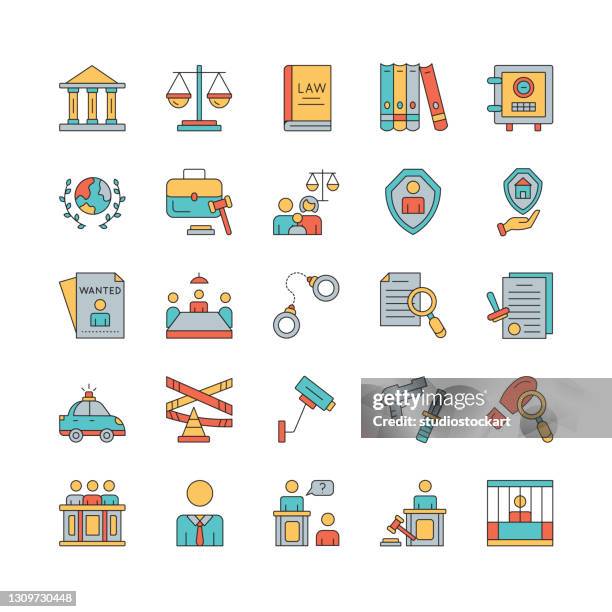law and justice line icon set. editable stroke - prisoner book stock illustrations