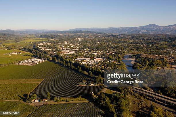 Highway 101 and the Russian River flowing through town is viewed from the air looking northwest on October 14, 2011 in Healdsburg, California. The...
