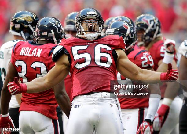 Linebacker Brian Cushing of the Houston Texans lets out a roar after making a defensive stop against the Jacksonville Jaguars at Reliant Stadium on...