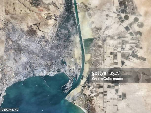 Satellite view of the container ship, Ever Given, blocking the Suez Canal, Egypt.