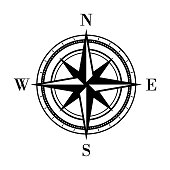 Compass icon. Detailed compass with directions. North, south, west, east indicated with arrows.