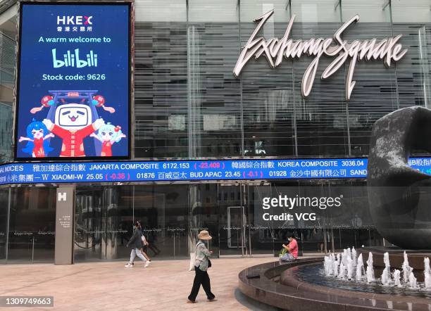 Screen shows a message marking the listing of Bilibili on the Hong Kong Stock Exchange outside the Exchange Square complex on March 29, 2021 in Hong...