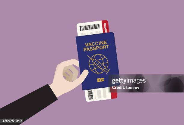 ilustraciones, imágenes clip art, dibujos animados e iconos de stock de la mano tiene un pasaporte de vacuna y una tarjeta de embarque - certificado de inmunización