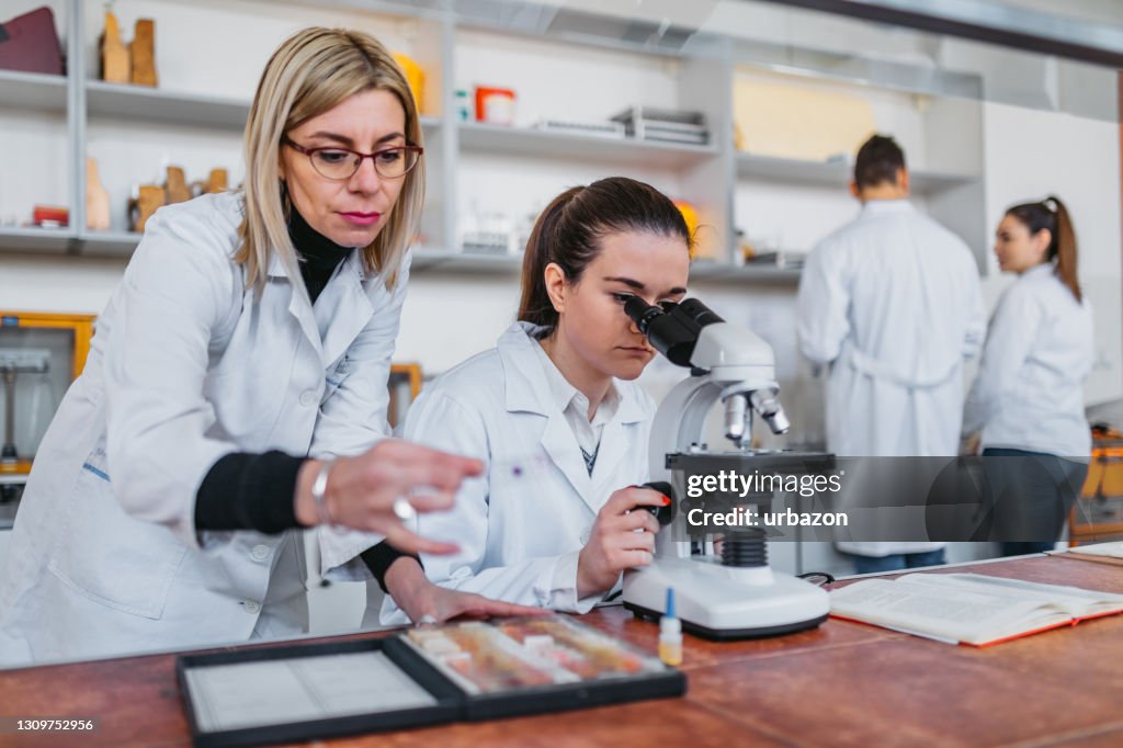Studente che utilizza microscopi in laboratorio