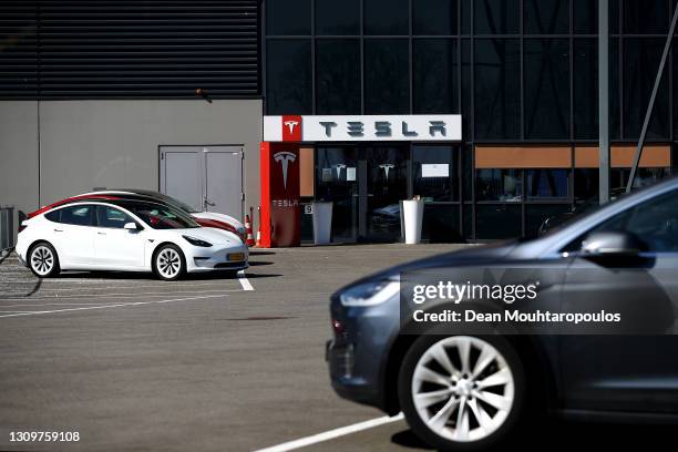 General view of the Tesla Assembly plant building which also does vehicle delivery and has a service centre, on March 29, 2021 in Tilburg,...