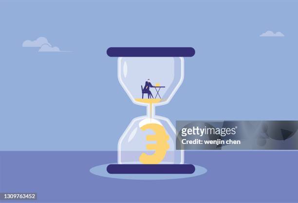 business men work in the hourglass, hourglass and euro, time is money - abzeichen stock illustrations