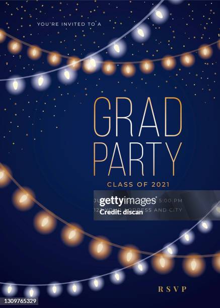 illustrations, cliparts, dessins animés et icônes de 2021 graduate party invitation template with string lights. pour invitation, bannière, affiche, carte postale. illustration vectorielle. - repas entre amis