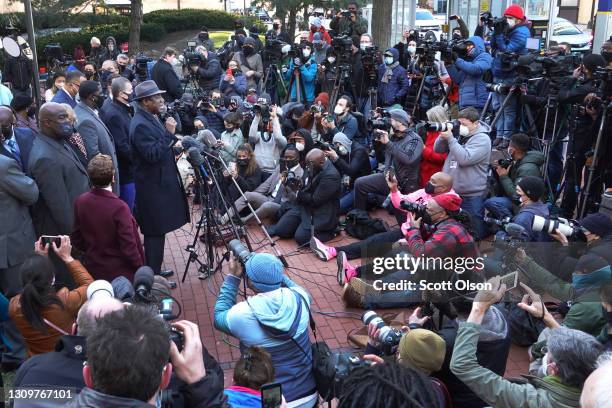 Civil rights attorney Ben Crump speaks to the press outside of the Hennepin County Government Center before the start of the trial of former...