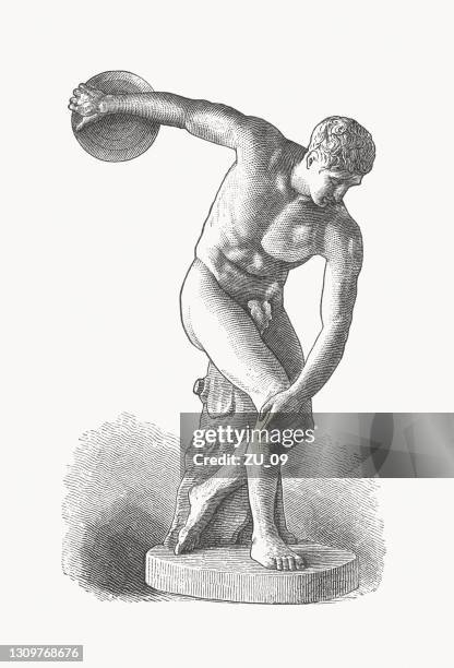 illustrations, cliparts, dessins animés et icônes de discobolus of myron, gravure sur bois, publié en 1893 - grèce antique