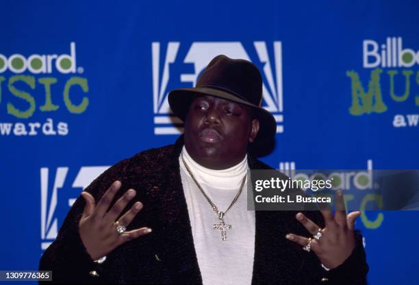 Rapper Notorious B.I.G. AKA Biggie Smalls receives Billboard Music Award on December 6, 1995 at The Coliseum in New York City, New York.