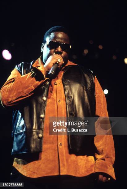 Rapper Notorious B.I.G. AKA Biggie Smalls performs on October 5, 1995 during the UrbanAid Lifebeat concert at Madison Square Garden in New York City,...