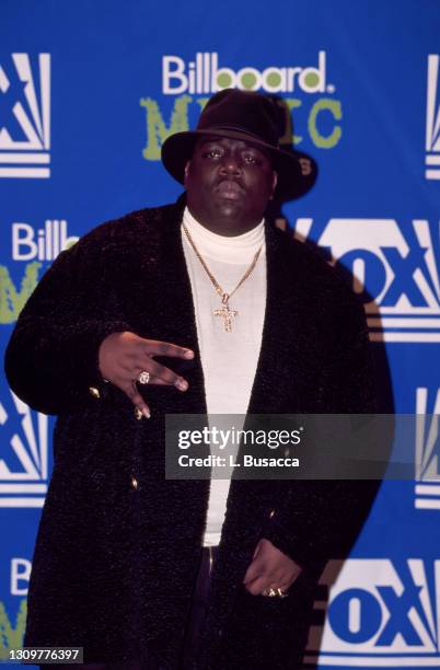 Rapper Notorious B.I.G. AKA Biggie Smalls receives Billboard Music Award on December 6, 1995 at The Coliseum in New York City, New York.