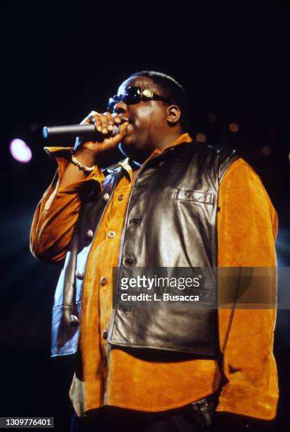 Rapper Notorious B.I.G. AKA Biggie Smalls performs on October 5, 1995 during the UrbanAid Lifebeat concert at Madison Square Garden in New York City,...
