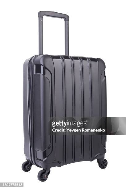 black suitcase on wheels isolated on white background - wheeled luggage stock-fotos und bilder