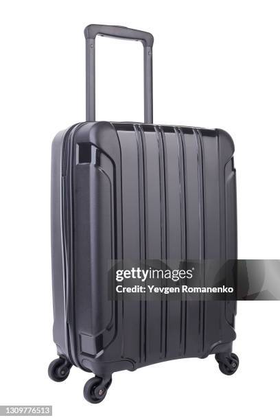 black suitcase on wheels isolated on white background - mala de rodinhas imagens e fotografias de stock