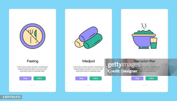 ramadan concept onboarding mobile app page screen with flat icons. ux, ui design template vector illustration - iftar stock illustrations