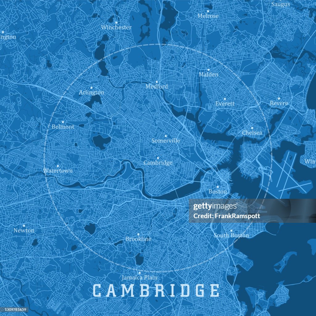 Cambridge MA City Vector Road Map Blue Text