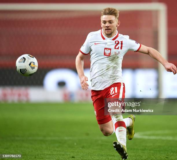 Kamil Jozwiak from Poland controls the ball during the FIFA World Cup 2022 Qatar qualifying match between Poland and Andorra on March 28, 2021 at...