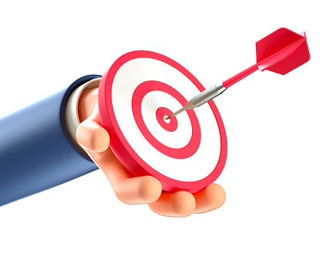3D illustration of businessman hand holding a modern target with arrow in bullseye. Concept of objective attainment, reaching goals, business purposes, successful strategy.