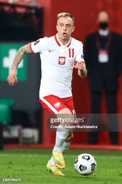Kamil Grosicki from Poland controls the ball during the FIFA World Cup 2022 Qatar qualifying match between Poland and Andorra on March 28, 2021 at...
