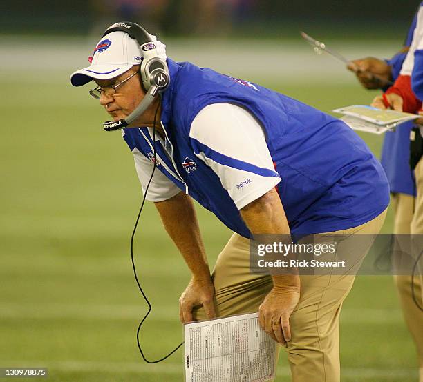 Head coach Chan Gailey of the Buffalo Bills watches play against the Washington Redskins at Rogers Centre on October 30, 2011 in Toronto, Ontario,...