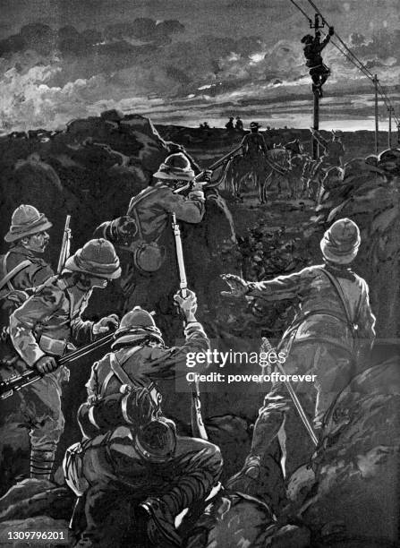 british soldiers intercepting boer commandos trying to cut telegraph wires during the second boer war in south africa - 19th century - cord cutting stock illustrations