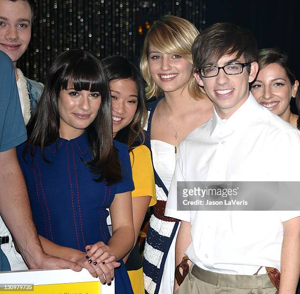Lea Michele, Jenna Ushkowitz, Dianna Agron and Kevin McHale attend the "GLEE" 300th musical performance special taping at Paramount Studios on...