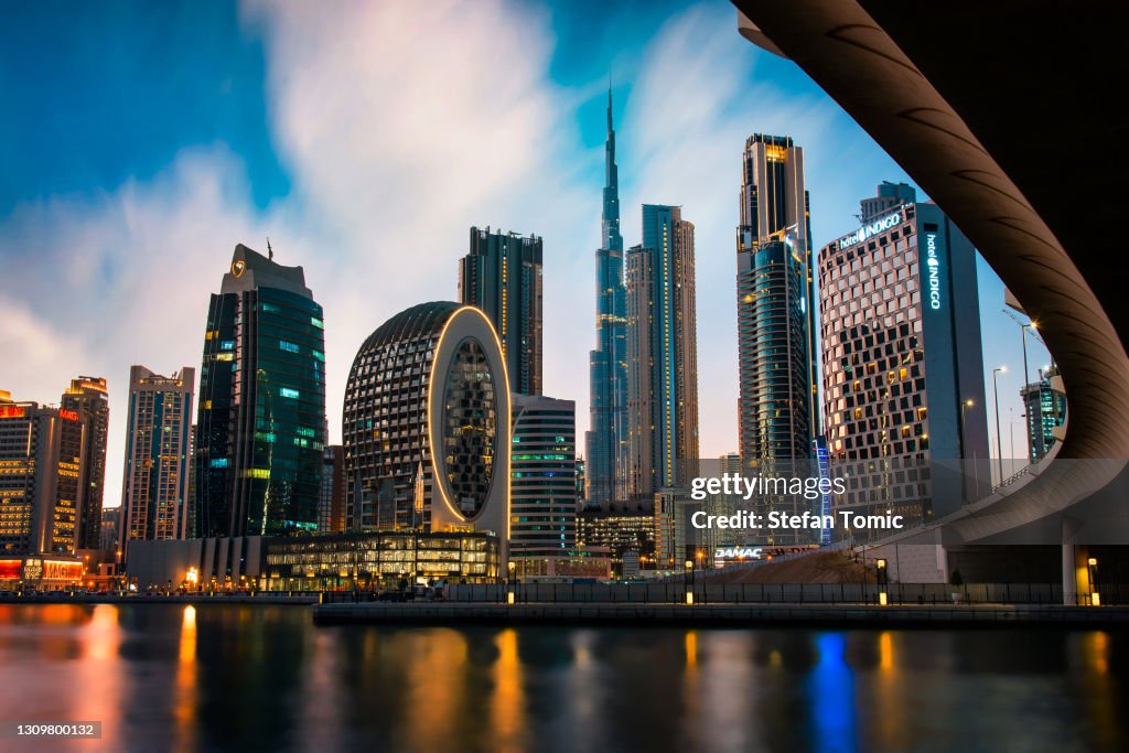 Dubai Skyline Blick vom Marasi Marina in der Stadt Business Bay Innenstadt in den VAE