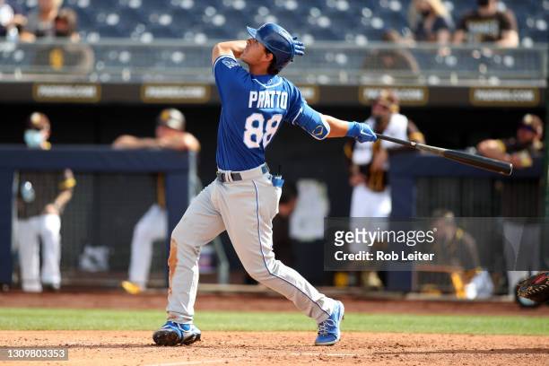 Nick Pratto of the Kansas City Royals bats during the game against the San Diego Padres at Peoria Stadium on March 7, 2021 in Peoria, Arizona. The...