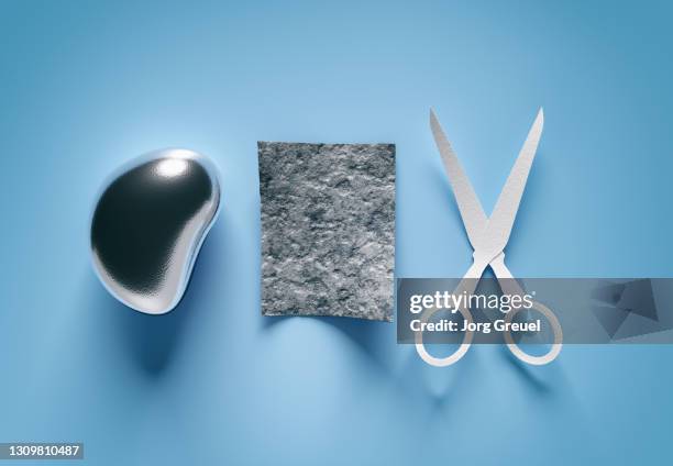 rock paper scissors made of different materials - scissors paper stone stock pictures, royalty-free photos & images