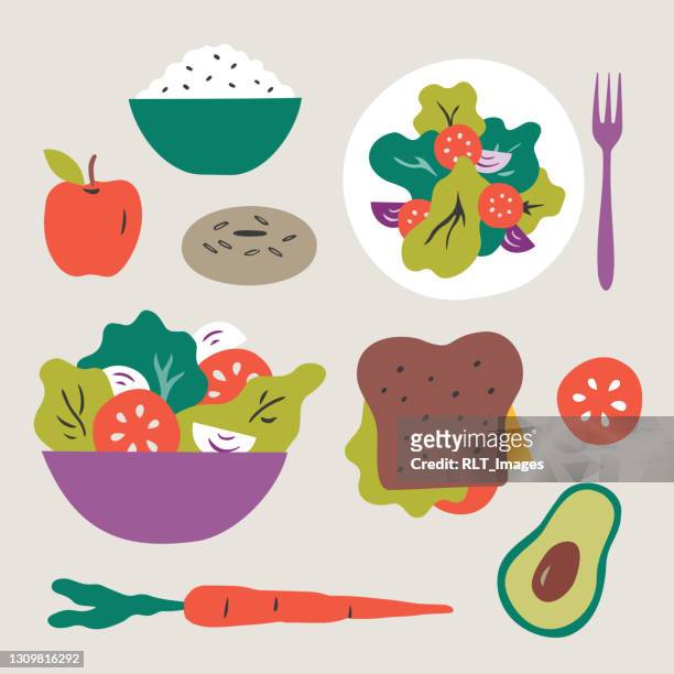 illustrations, cliparts, dessins animés et icônes de illustration de choix alimentaires sains — salade, déjeuner, fruits et légumes, collations - assiettes