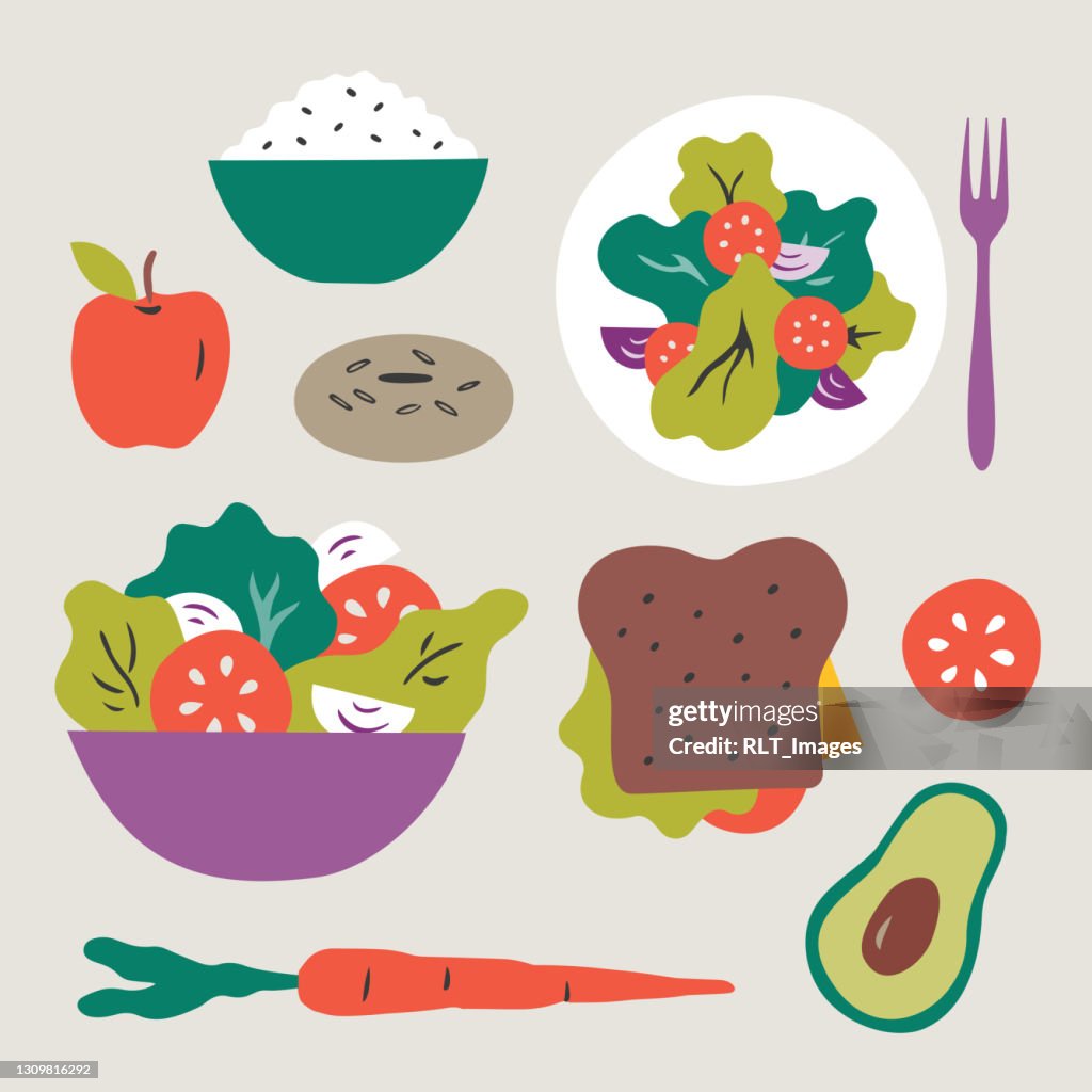 Illustration of healthy food choices — salad, lunch, fruit and vegetables, snacks