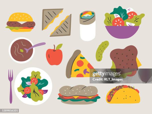 illustration of fresh lunch entrees — hand-drawn vector elements - submarine sandwich stock illustrations