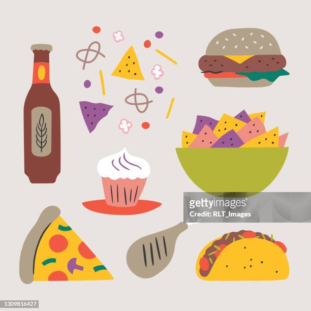 illustration of party foods — hand-drawn vector elements - taco stock illustrations