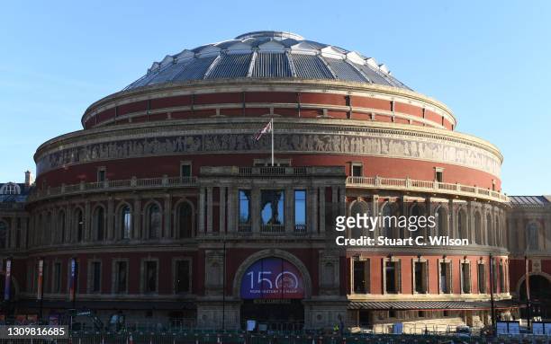 The text "150 More History To Make" is displayed outside of the Royal Albert Hall on March 29, 2021 in London, England. Monday 29th March 2021 marks...