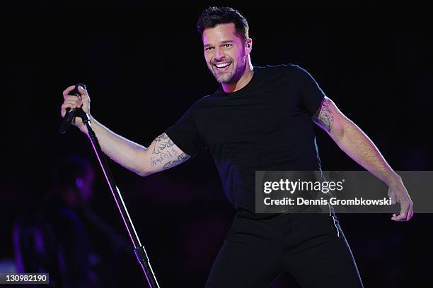 Puerto Rican singer Ricky Martin performs during the Closing Ceremony of the XVI Pan American Games at the Omnilife Stadium on October 30, 2011 in...